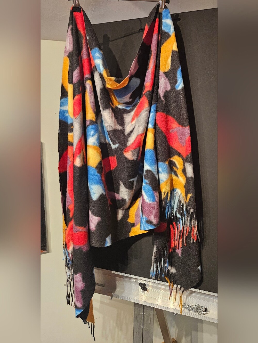 Colorful Abstract Pattern Fringe Scarf - Black Base with Red, Blue & Yellow